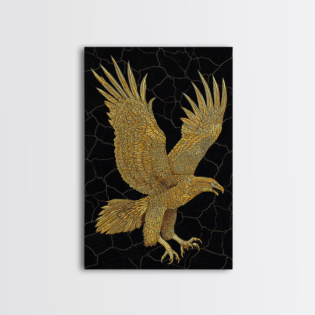 Golden Eagle Canvas Art, Canvas Print in Canvas Gold, Framed Canvas Wall Art with Real Wood Frame, Black Background Luxury Wildlife Decor