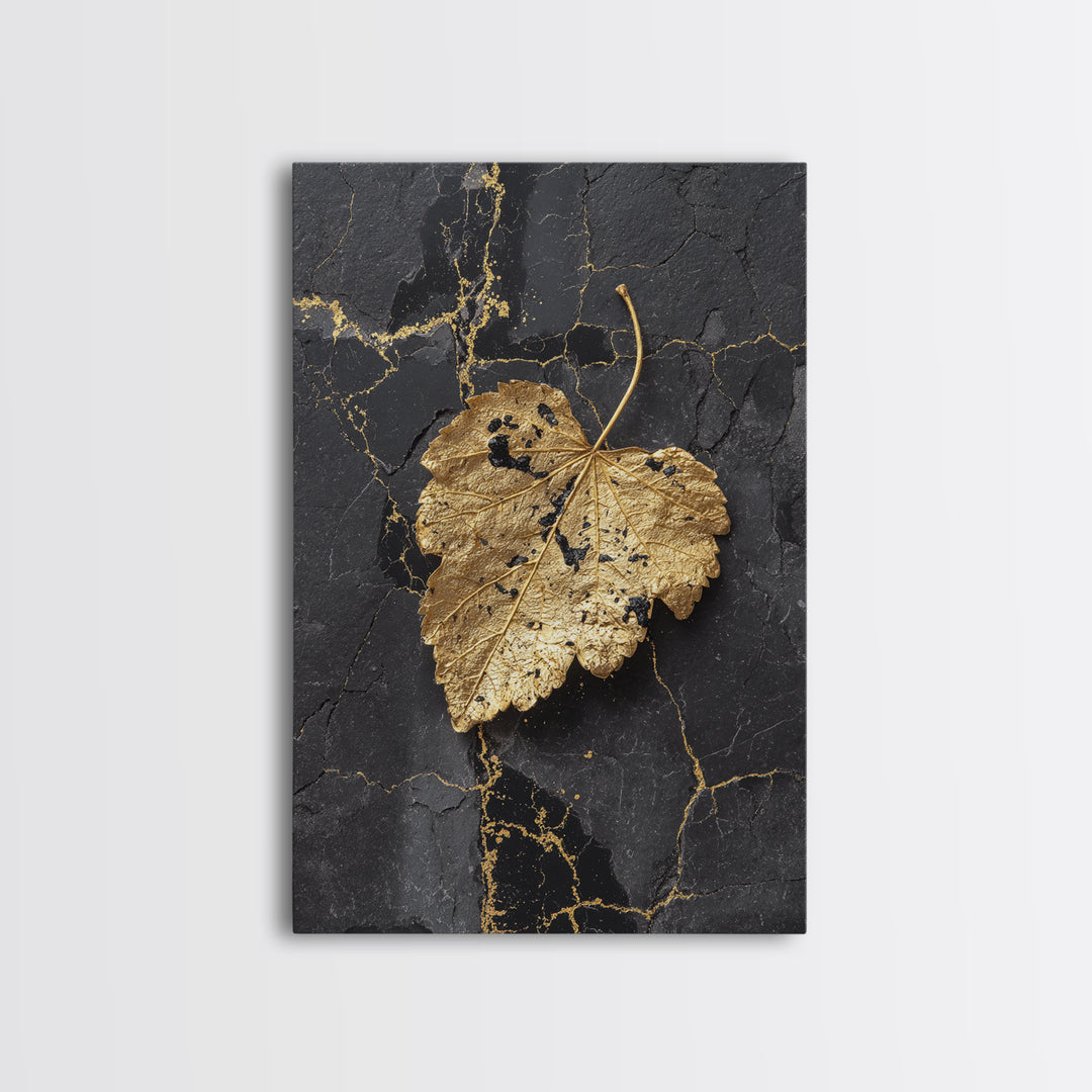 Gold Leaf on Black Marble Canvas Art, Canvas Gold Canvas Print, Framed Canvas Wall Art with Real Wood Frame, Minimalist Modern Decor
