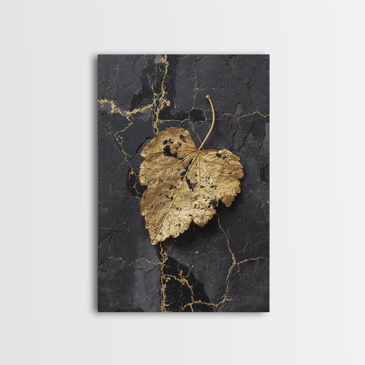 Gold Leaf on Black Marble Canvas Art, Canvas Gold Canvas Print, Framed Canvas Wall Art with Real Wood Frame, Minimalist Modern Decor