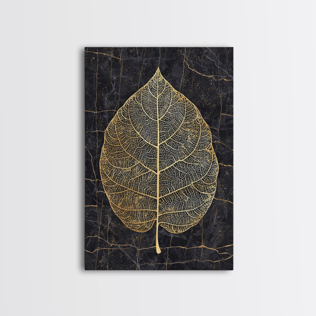 Skeleton Leaf Botanical Canvas Art, Canvas Gold Canvas Print, Framed Canvas Wall Art with Real Wood Frame, Black Marble Nature Decor