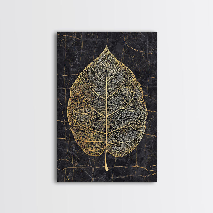 Skeleton Leaf Botanical Canvas Art, Canvas Gold Canvas Print, Framed Canvas Wall Art with Real Wood Frame, Black Marble Nature Decor