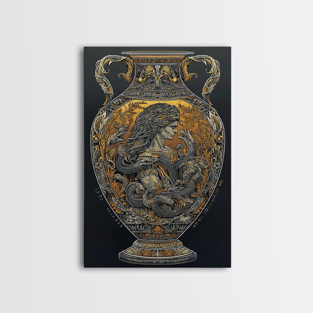Medusa Greek Vase Canvas Art, Canvas Gold Canvas Print, Framed Canvas Wall Art with Real Wood Frame, Mythology Classical Decor