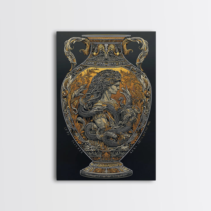 Medusa Greek Vase Canvas Art, Canvas Gold Canvas Print, Framed Canvas Wall Art with Real Wood Frame, Mythology Classical Decor