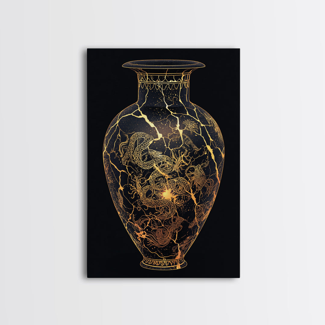 Kintsugi Serpent Vase Canvas Art, Canvas Gold Canvas Print, Framed Canvas Wall Art with Real Wood Frame, Celestial Night Sky Decor