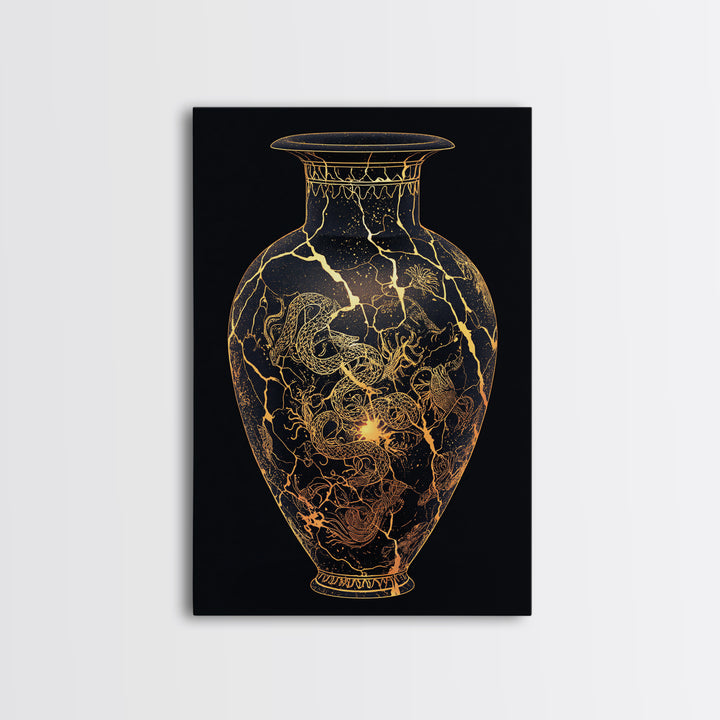 Kintsugi Serpent Vase Canvas Art, Canvas Gold Canvas Print, Framed Canvas Wall Art with Real Wood Frame, Celestial Night Sky Decor