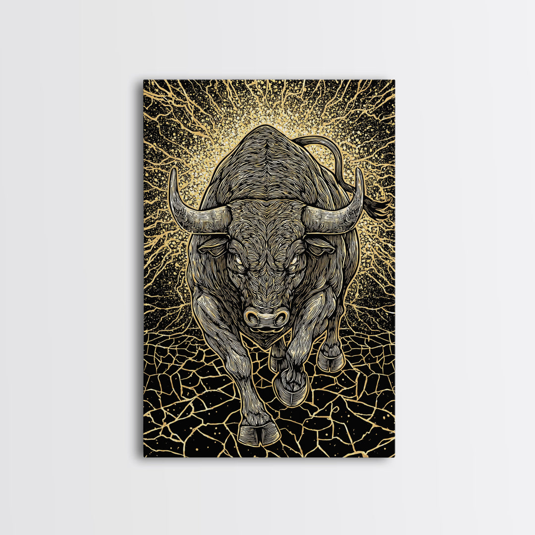 Charging Bull Canvas Art, Canvas Gold Canvas Print, Framed Canvas Wall Art with Real Wood Frame, Powerful Animal Gallery Decor