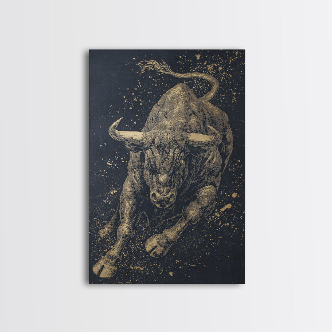 Leaping Bull Canvas Art, Canvas Gold Canvas Print, Framed Canvas Wall Art with Real Wood Frame, Dynamic Animal Modern Decor