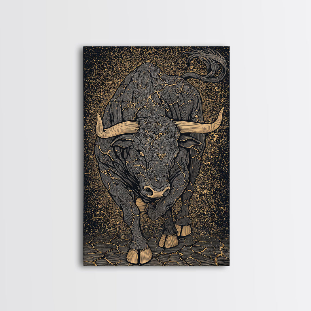 Cracked Stone Bull Canvas Art, Canvas Gold Canvas Print, Framed Canvas Wall Art with Real Wood Frame, Textured Cosmic Decor