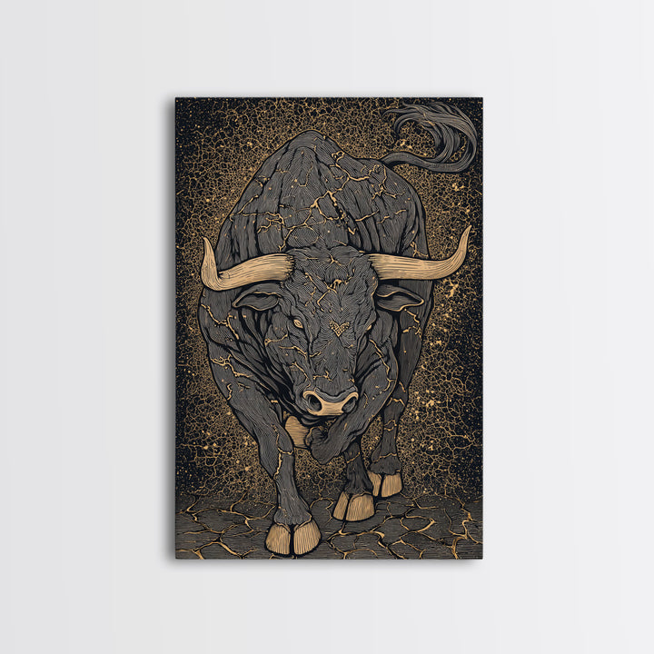 Cracked Stone Bull Canvas Art, Canvas Gold Canvas Print, Framed Canvas Wall Art with Real Wood Frame, Textured Cosmic Decor