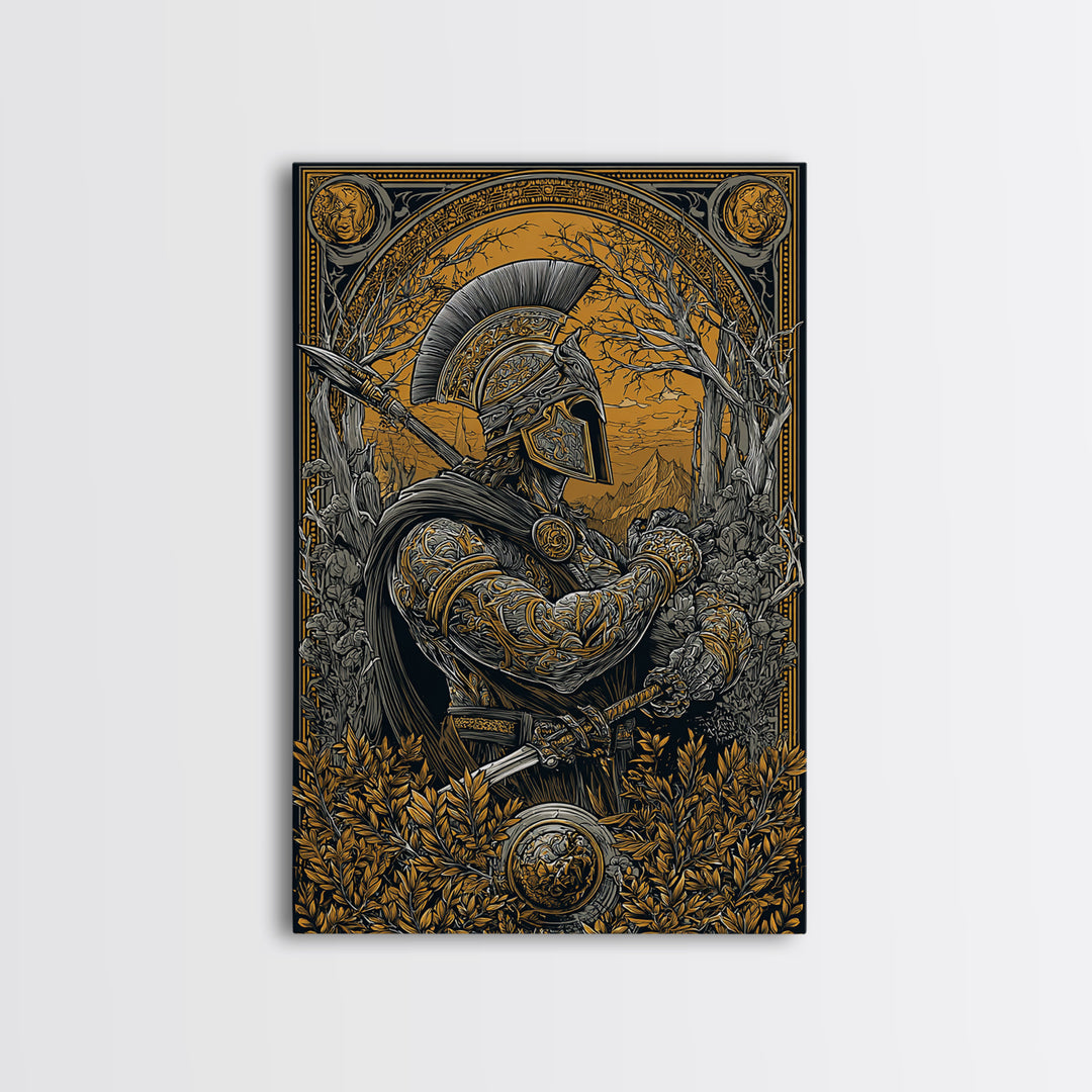 Spartan Soldier in Ornate Armor with Spear – Canvas Gold Art, Intricate Canvas Art Print, Classical Greece Wall Hanging