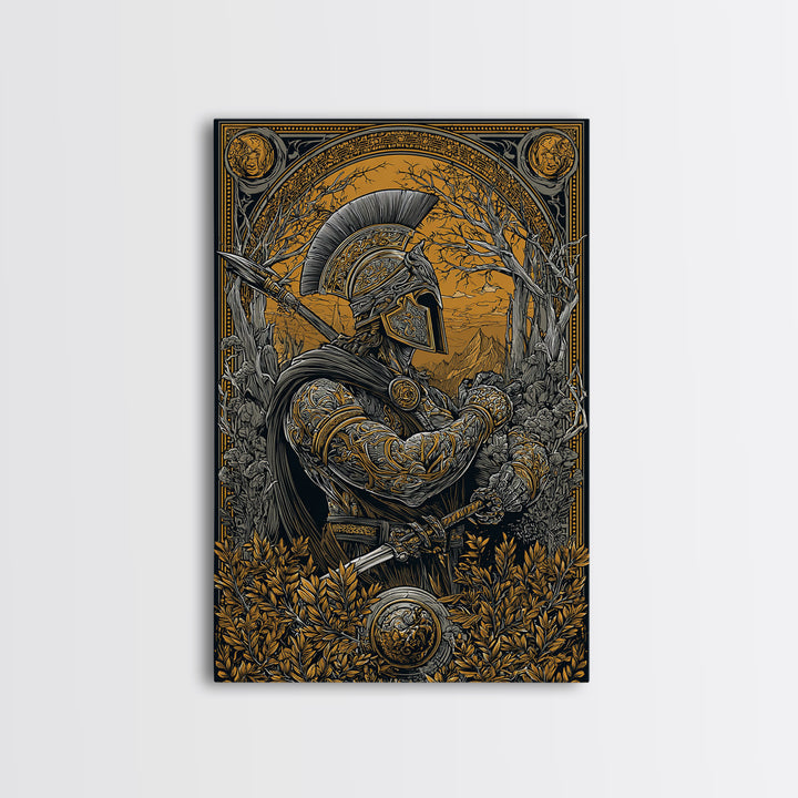 Spartan Soldier in Ornate Armor with Spear – Canvas Gold Art, Intricate Canvas Art Print, Classical Greece Wall Hanging
