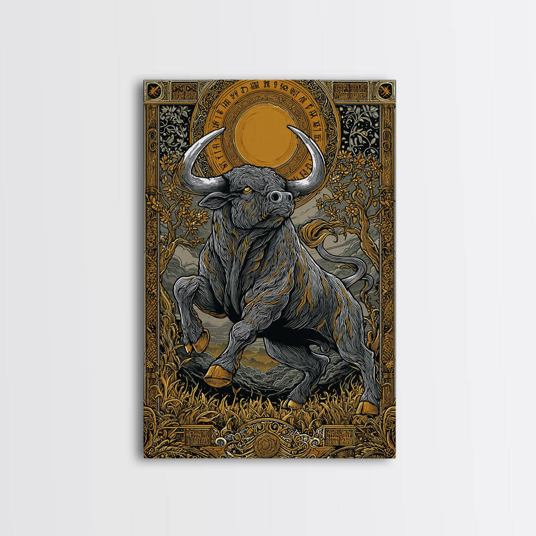 Taurus Zodiac Bull Canvas Art, Canvas Gold Canvas Print, Framed Canvas Wall Art with Real Wood Frame, Ornate Mythic Gallery Decor