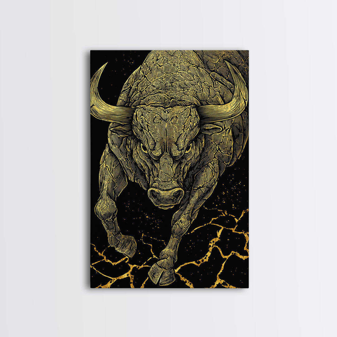 Charging Bull Canvas Gold Canvas Print, Framed Canvas Wall Art with Real Wood Frame, Dynamic Black and Gold Animal Decor