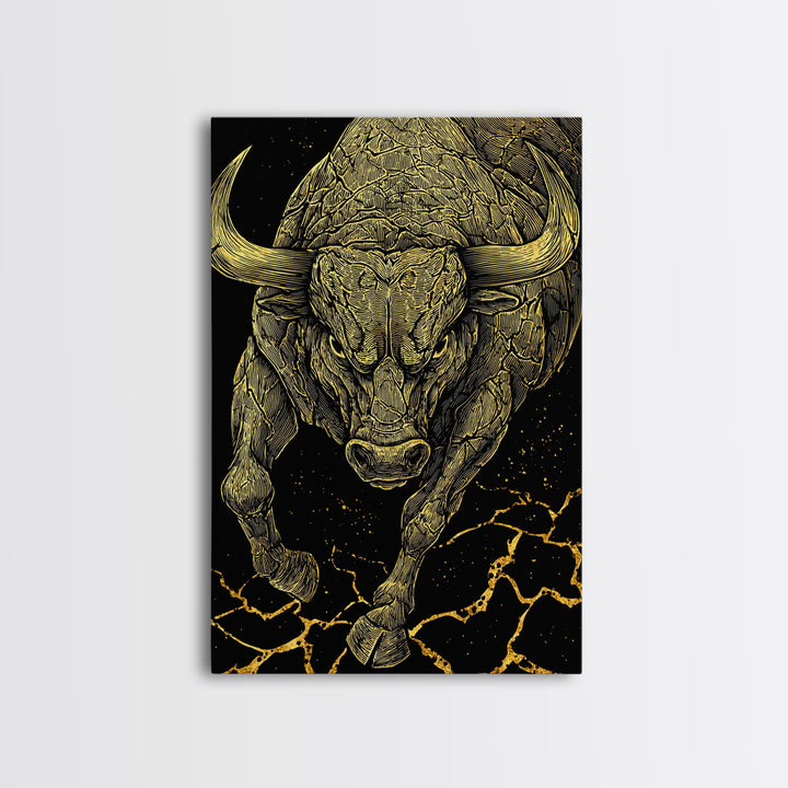 Charging Bull Canvas Gold Canvas Print, Framed Canvas Wall Art with Real Wood Frame, Dynamic Black and Gold Animal Decor