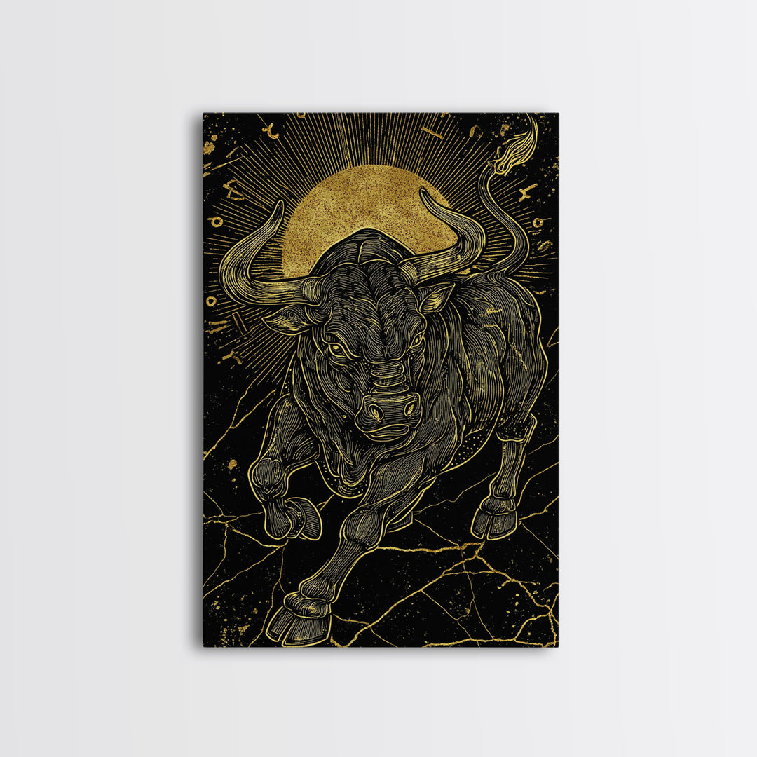 Taurus Bull Canvas Gold Canvas Print, Framed Canvas Wall Art with Real Wood Frame, Zodiac Sun Disc Black and Gold Gallery Decor