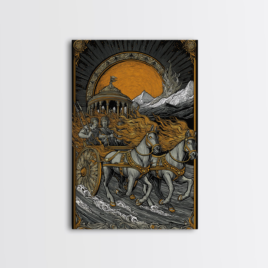 Sun Chariot Canvas Gold Canvas Print, Framed Canvas Wall Art with Real Wood Frame, Greek Myth Apollo Helios Horses Statement Decor
