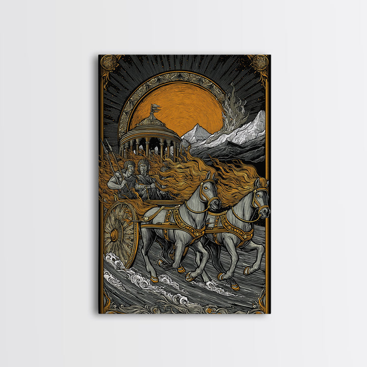 Sun Chariot Canvas Gold Canvas Print, Framed Canvas Wall Art with Real Wood Frame, Greek Myth Apollo Helios Horses Statement Decor