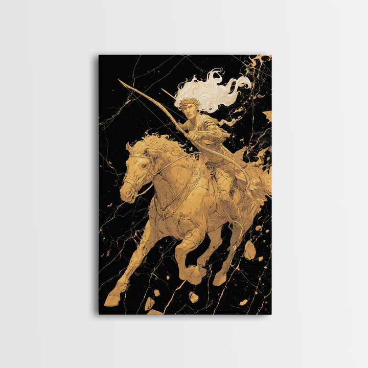 Huntress on Horse Canvas Gold Canvas Print, Framed Canvas Wall Art with Real Wood Frame, Warrior Goddess Archer Black Gold Decor
