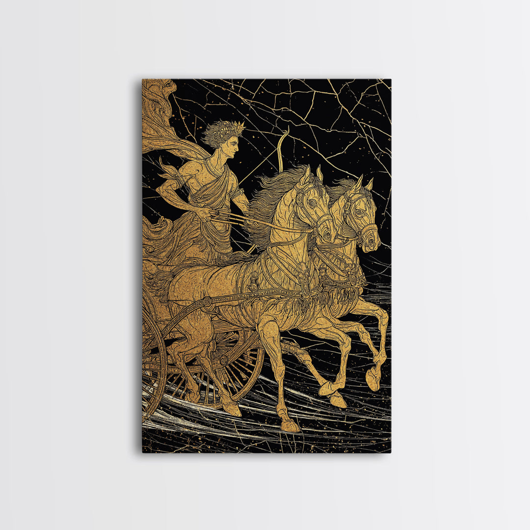 Apollo Sun Chariot Canvas Gold Canvas Print, Framed Canvas Wall Art with Real Wood Frame, Classical Greek God Horses Wall Decor