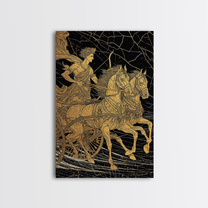 Apollo Sun Chariot Canvas Gold Canvas Print, Framed Canvas Wall Art with Real Wood Frame, Classical Greek God Horses Wall Decor