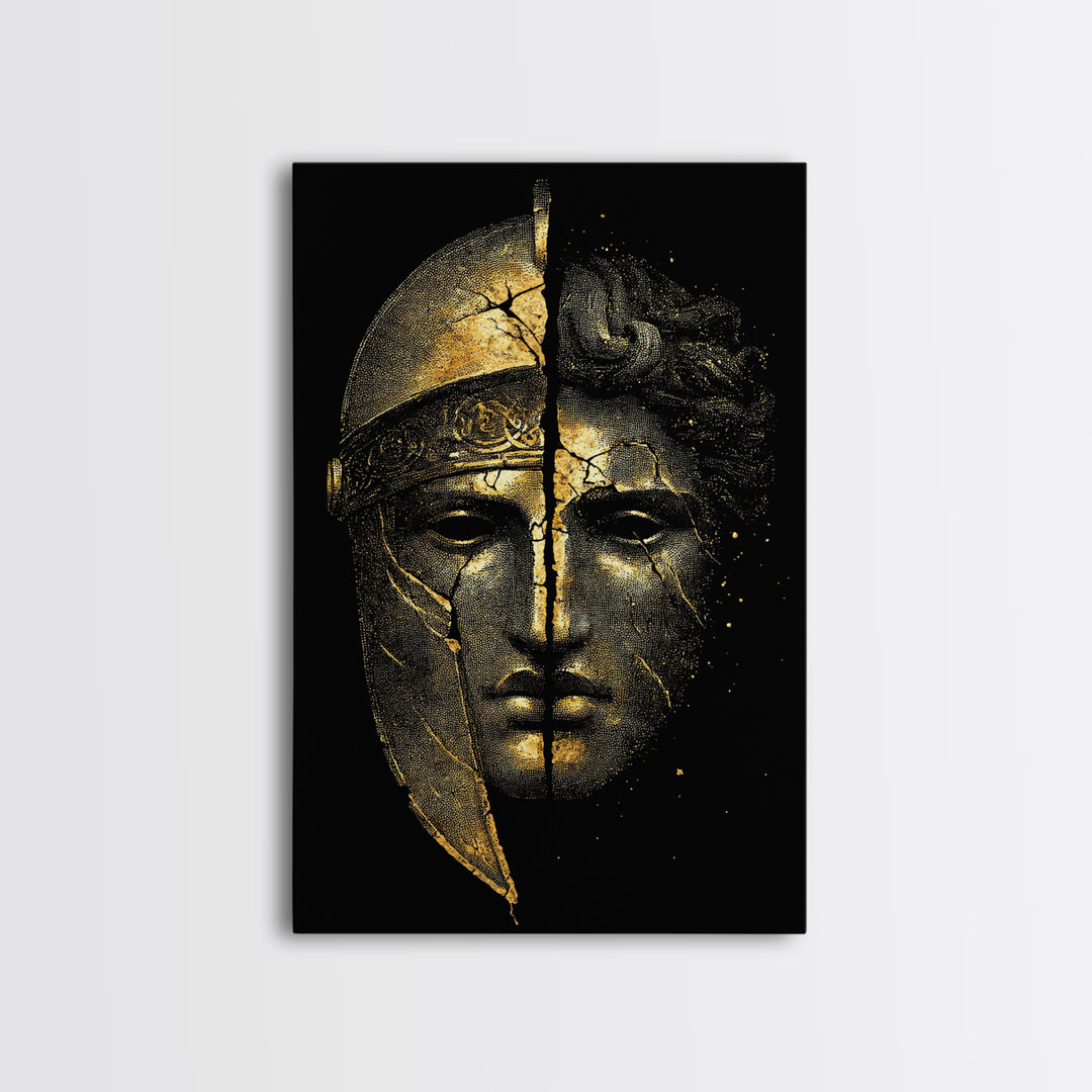 Ancient Warrior Mask Canvas Gold Canvas Print, Framed Canvas Wall Art with Real Wood Frame, Greek Helmet Cracked Kintsugi Decor