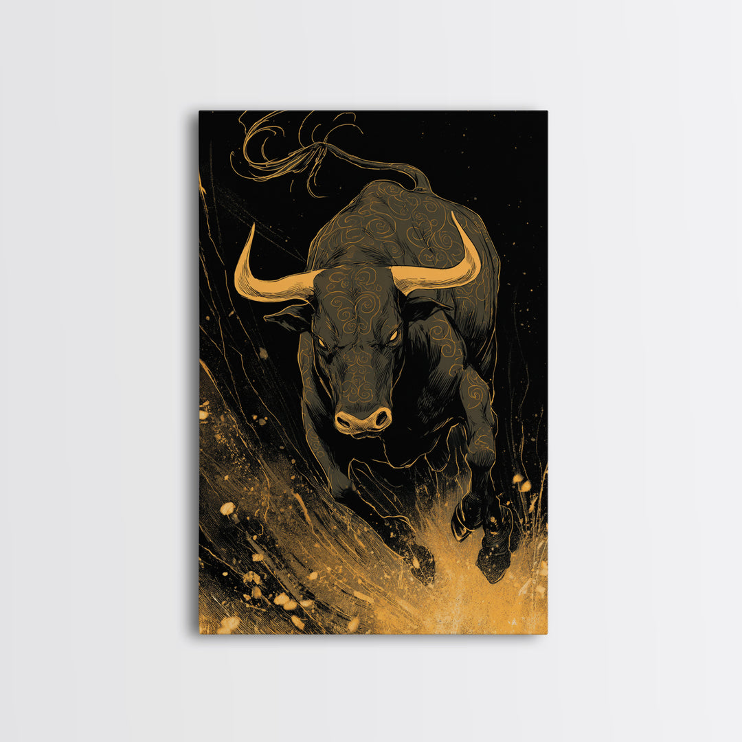 Bull Splash Canvas Gold Canvas Print, Framed Canvas Wall Art with Real Wood Frame, Powerful Charging Animal Black Gold Decor