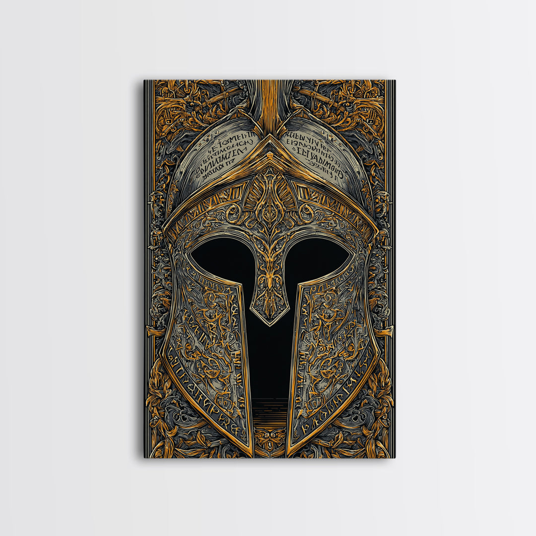 Ornate Spartan Helmet Detail with Inscriptions – Canvas Gold Art for Wall, Classical Armor Canvas Art, Greek Warrior Decor