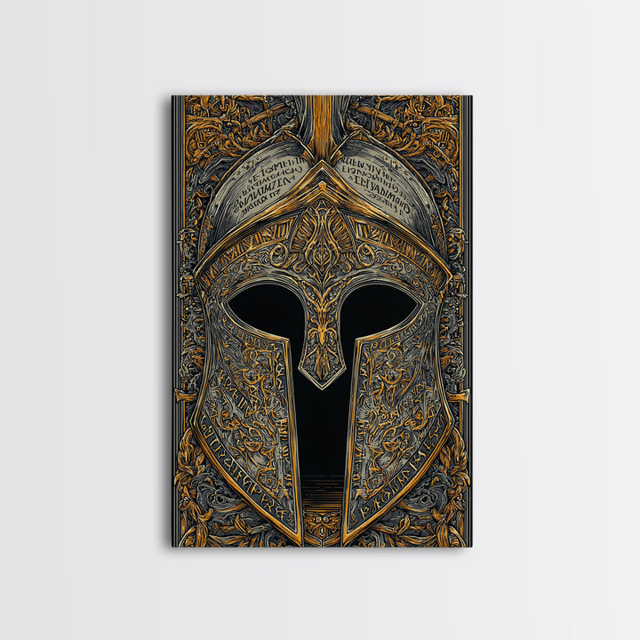 Ornate Spartan Helmet Detail with Inscriptions – Canvas Gold Art for Wall, Classical Armor Canvas Art, Greek Warrior Decor