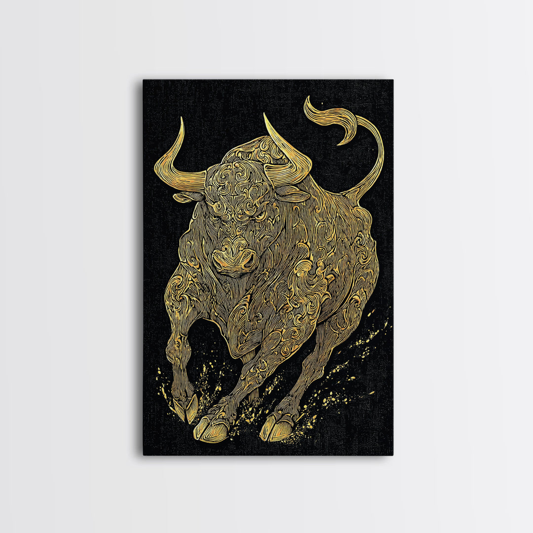 Ornate Bull Canvas Gold Canvas Print, Framed Canvas Wall Art with Real Wood Frame, Decorative Swirl Pattern Animal Gallery Decor