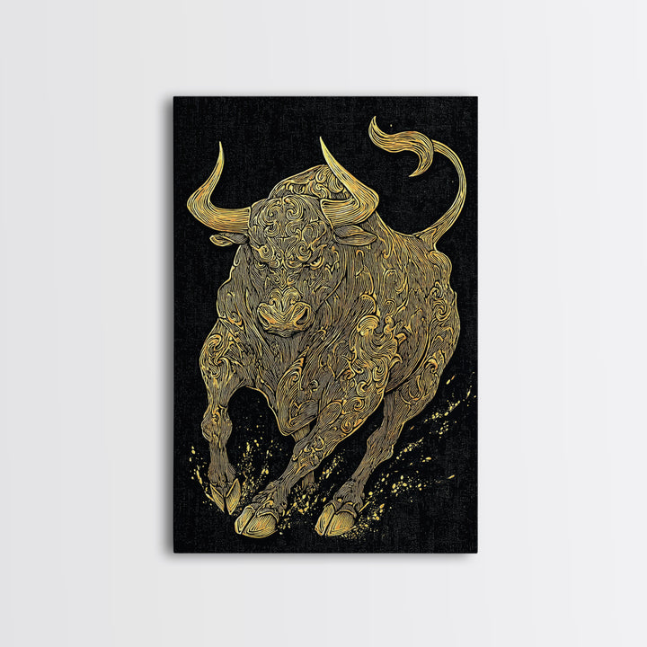 Ornate Bull Canvas Gold Canvas Print, Framed Canvas Wall Art with Real Wood Frame, Decorative Swirl Pattern Animal Gallery Decor