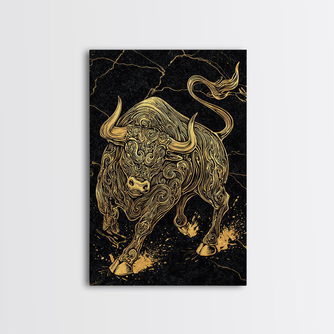 Ornate Bull Canvas Gold Canvas Print, Framed Canvas Wall Art with Real Wood Frame, Black and Gold Animal Decor for Luxury Home