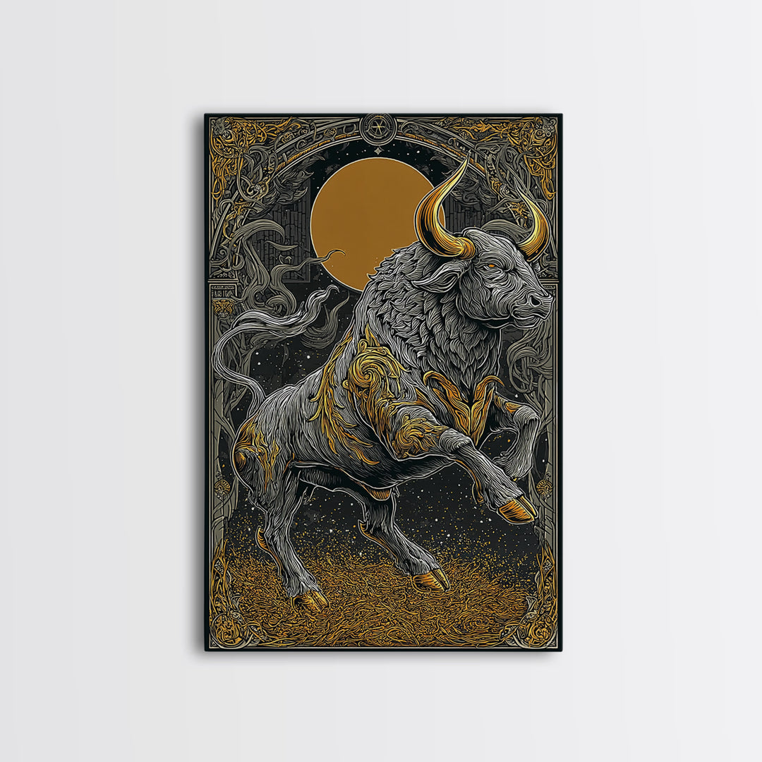 Regal Bull Canvas Gold Canvas Print, Framed Canvas Wall Art with Real Wood Frame, Mythic Black and Gold Zodiac Decor for Gallery