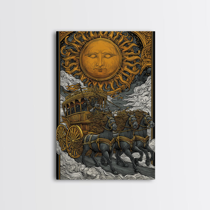 Sun Chariot Canvas Gold Canvas Print, Framed Canvas Wall Art with Real Wood Frame, Greek Myth Apollo Horses Statement Decor