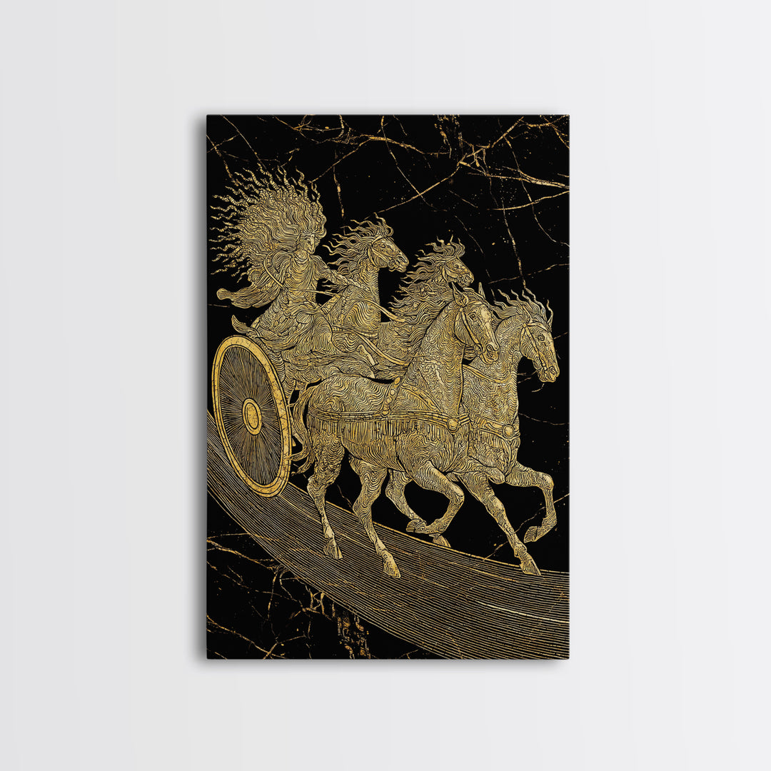 Golden Chariot Canvas Gold Art, Framed Canvas Wall Art with Real Wood Frame, Classical Black and Gold Greek Myth Horse Decor