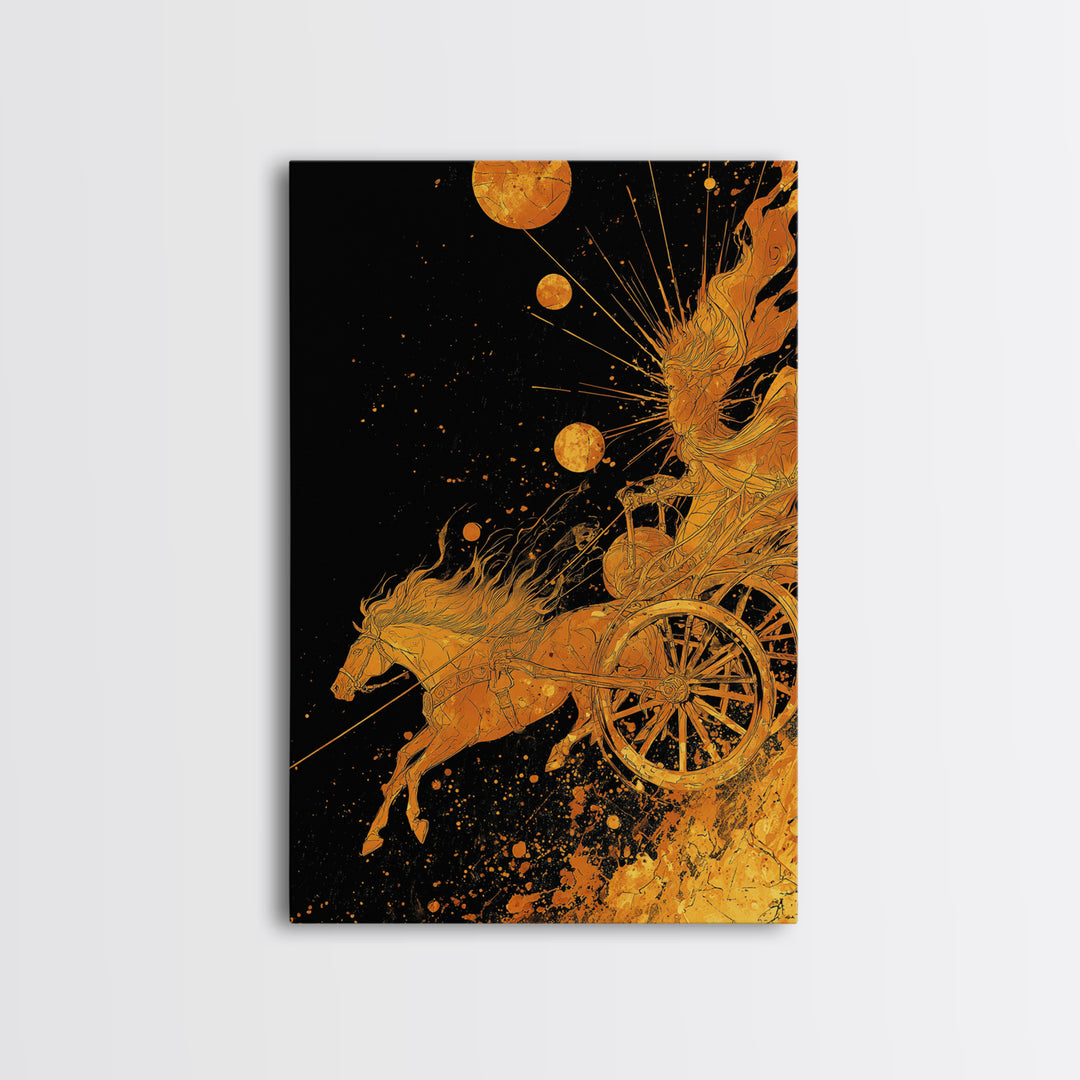Celestial Chariot Canvas Gold Art, Framed Canvas Wall Art with Real Wood Frame, Radiant Greek Myth Sun and Horse Wall Decor