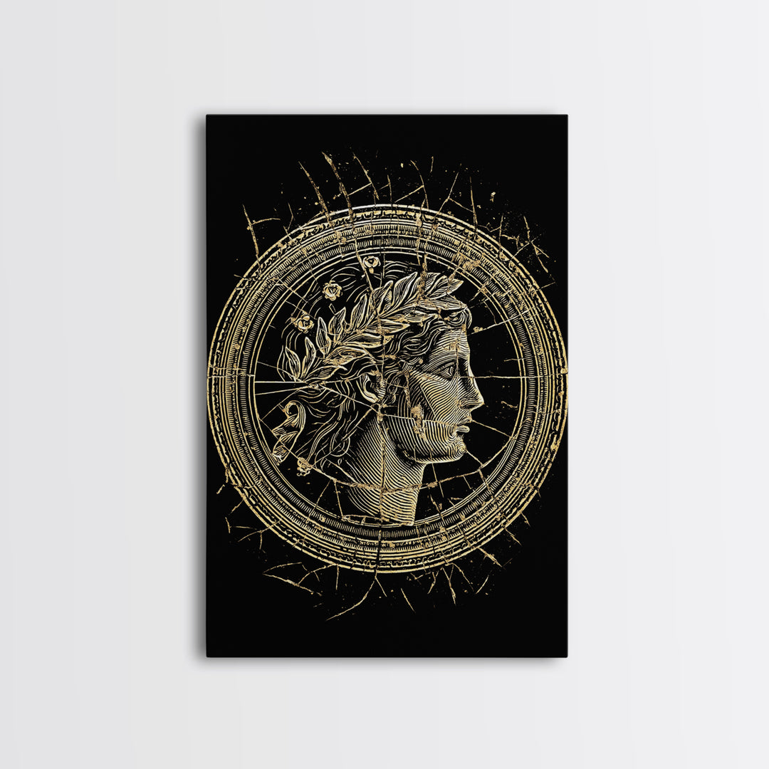 Greek Coin Profile Canvas Gold Canvas Print, Framed Canvas Wall Art with Real Wood Frame, Black and Gold Classical Portrait Decor