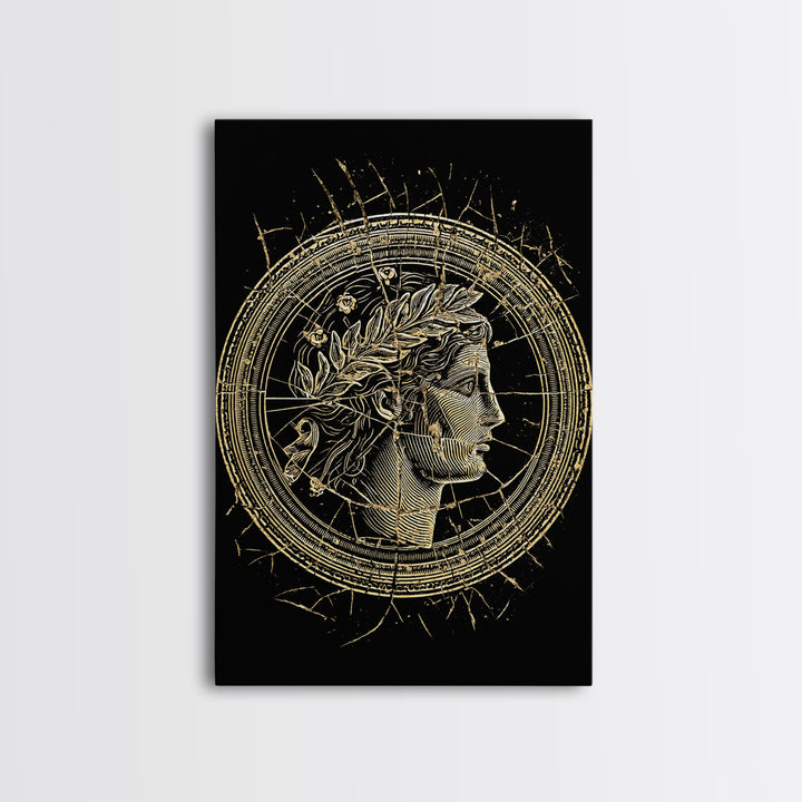 Greek Coin Profile Canvas Gold Canvas Print, Framed Canvas Wall Art with Real Wood Frame, Black and Gold Classical Portrait Decor