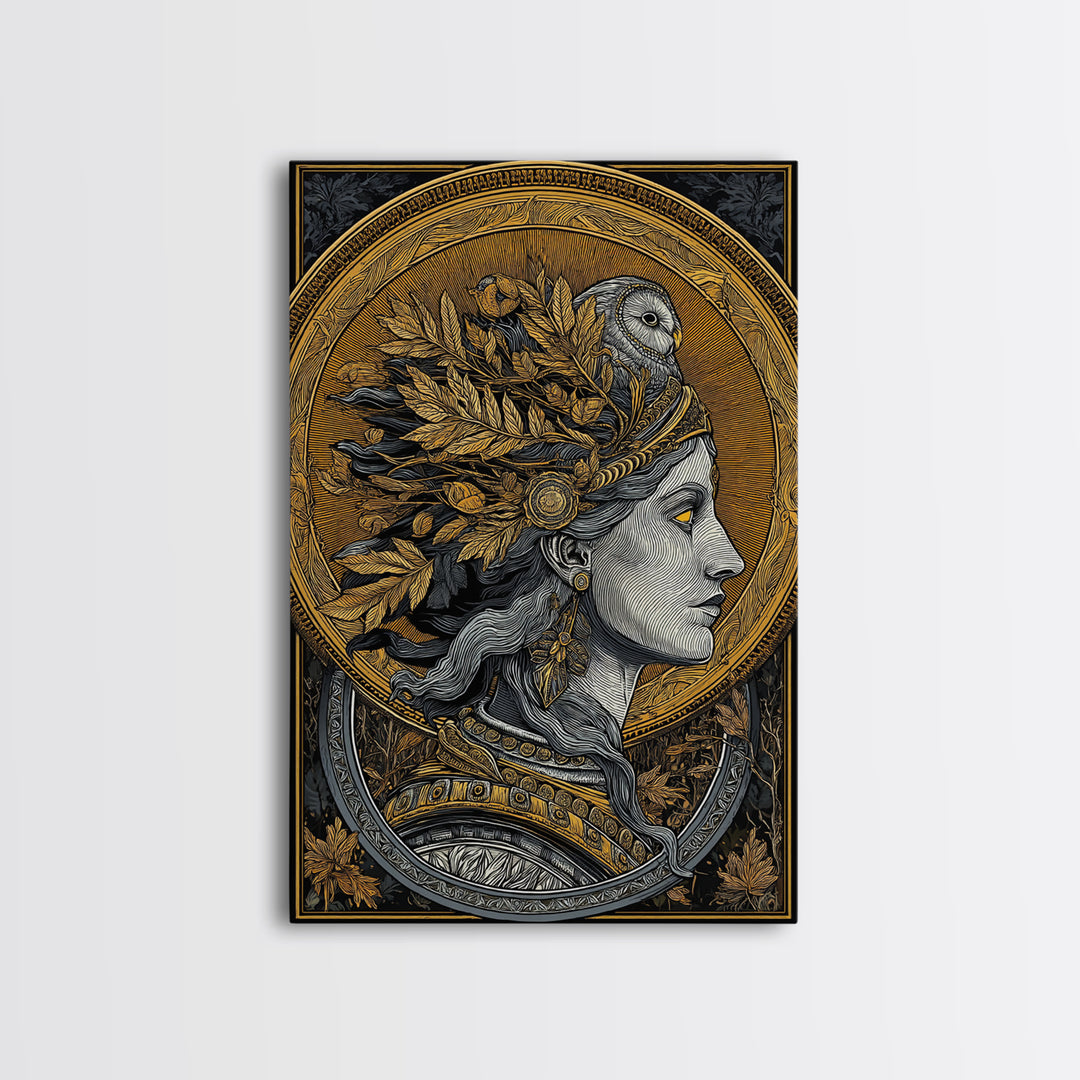 Athena Portrait Canvas Gold Canvas Print, Framed Canvas Wall Art with Real Wood Frame, Greek Goddess with Owl Luxury Home Decor