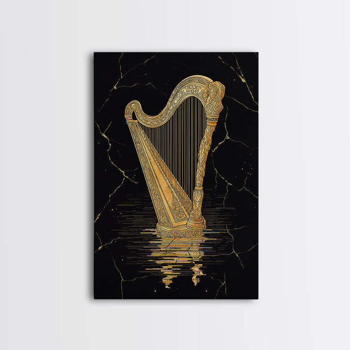 Golden Harp Canvas Gold Canvas Print, Framed Canvas Wall Art with Real Wood Frame, Black and Gold Classical Instrument Decor