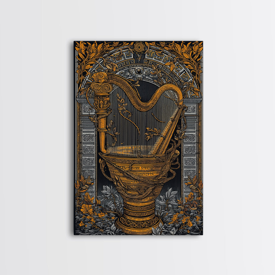 Ornate Harp Canvas Gold Art, Framed Canvas Wall Art with Real Wood Frame, Black and Gold Botanical Classical Music Wall Decor