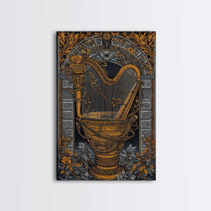 Ornate Harp Canvas Gold Art, Framed Canvas Wall Art with Real Wood Frame, Black and Gold Botanical Classical Music Wall Decor