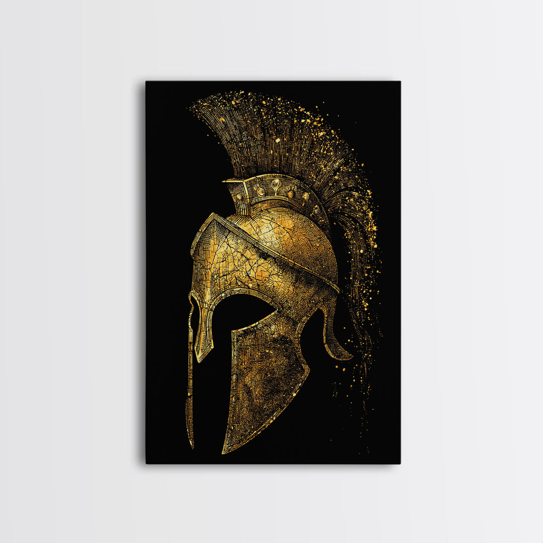 Spartan Helmet Canvas Gold Canvas Print, Framed Canvas Wall Art with Real Wood Frame, Black and Gold Greek Warrior Decor