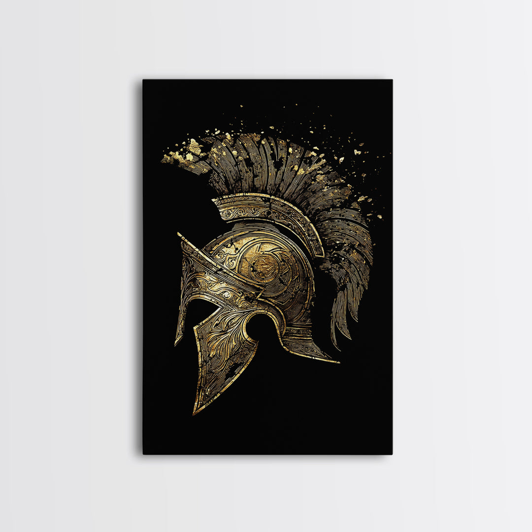 Spartan Helmet Canvas Gold Canvas Print – Ancient Warrior Art on Premium Canvas with Real Wood Frame – Greek History Wall Decor