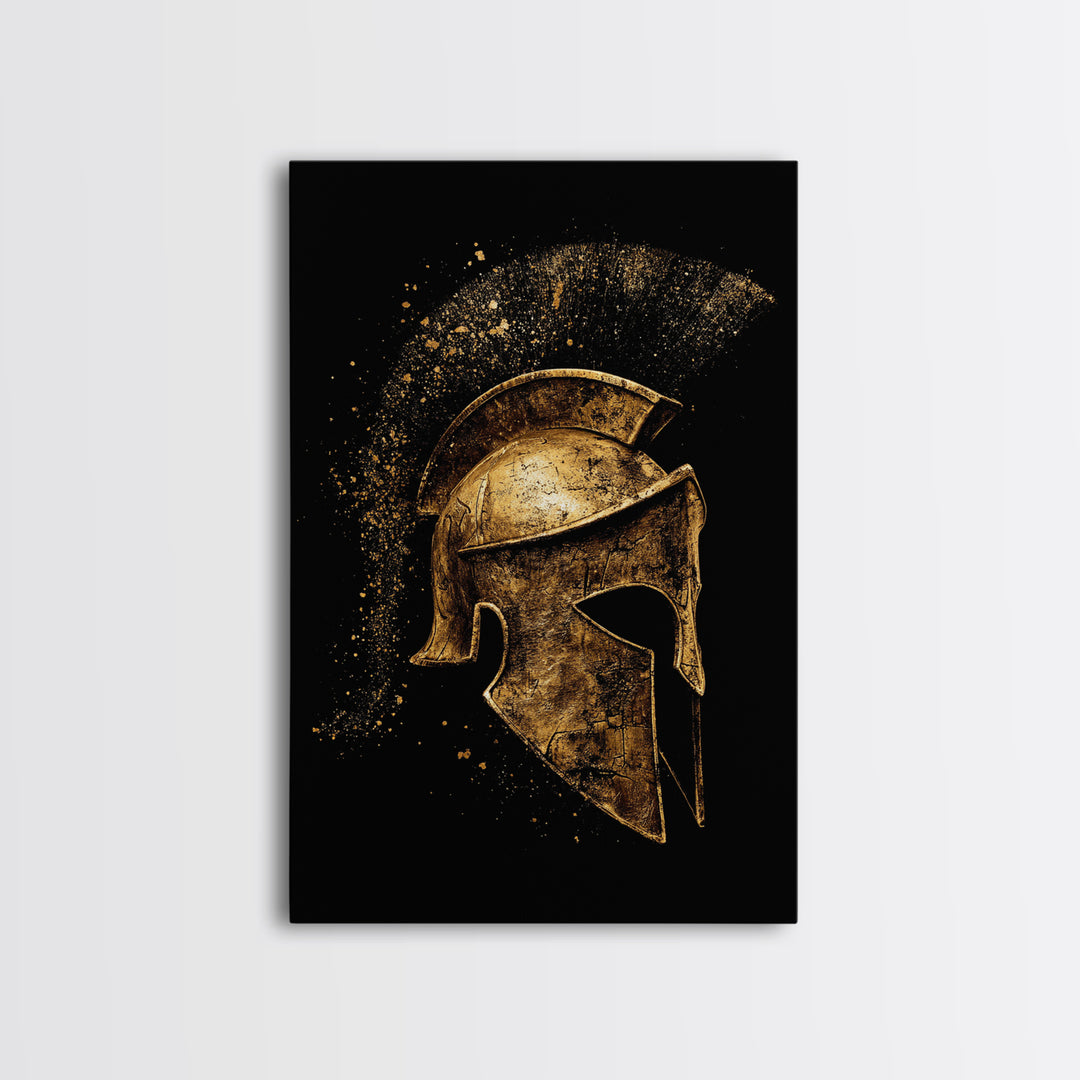 Greek Warrior Helmet Canvas Gold Canvas Print – Ancient Sparta Wall Art with Real Wood Frame – Bold Historical Home Decor