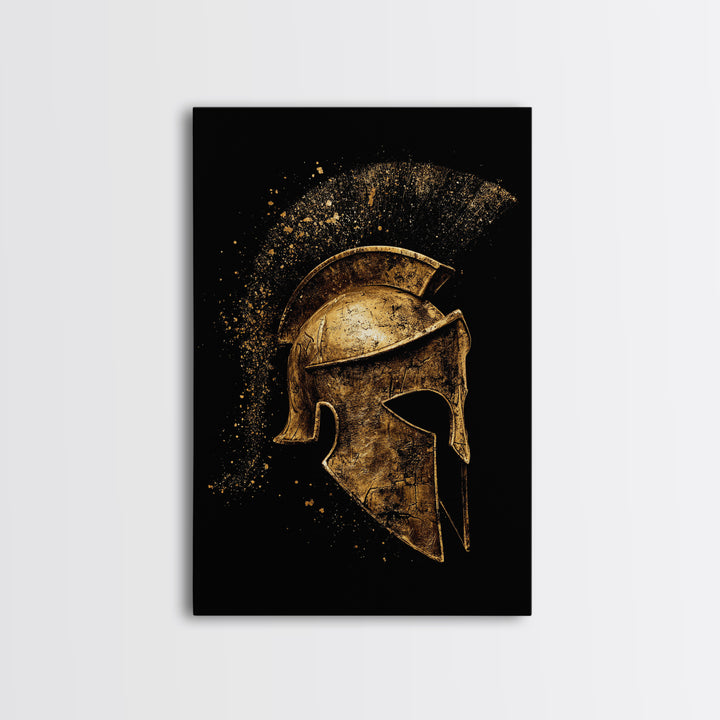 Greek Warrior Helmet Canvas Gold Canvas Print – Ancient Sparta Wall Art with Real Wood Frame – Bold Historical Home Decor