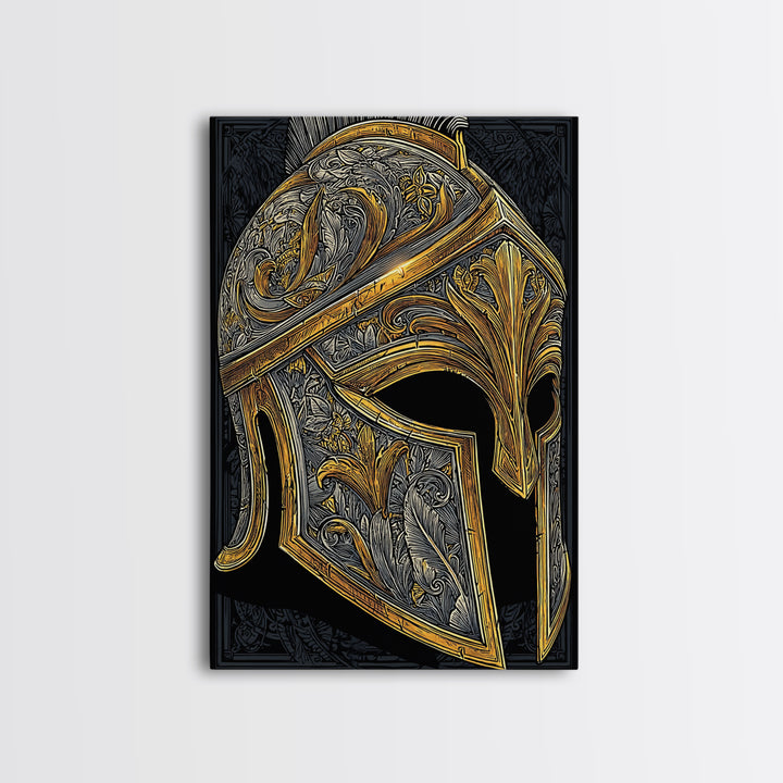 Ornate Spartan Helmet Canvas Gold Art – Intricate Ancient Warrior Wall Print on Canvas with Real Wood Frame – Greek Decor