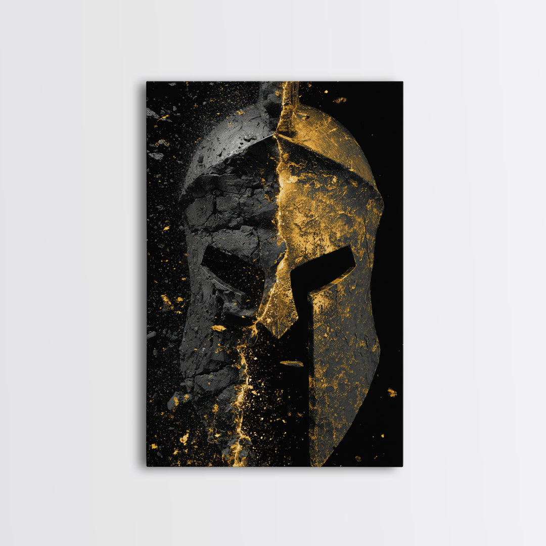 Shattered Spartan Helmet Canvas Gold Canvas Print – Half Black Rock Half Gold Warrior Art – Real Wood Frame Home Wall Decor