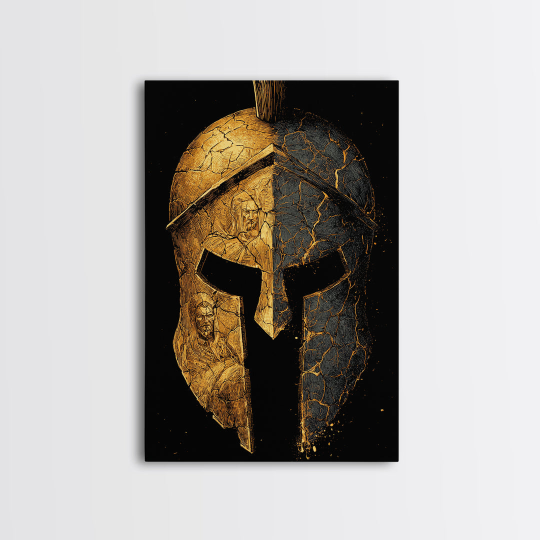 Cracked Warrior Helmet Canvas Gold Art – Ancient Greek Sparta Wall Canvas Print with Real Wood Frame – Bold Home Decor