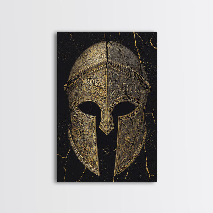 Detailed Spartan Helmet Canvas Gold Canvas Print – Engraved Greek History Art with Real Wood Frame – Warrior Wall Decor