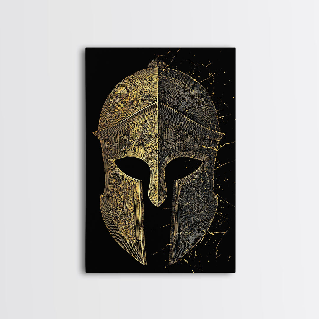 Historic Greek Helmet Canvas Gold Art – Ancient Battle Warrior Wall Canvas Print with Real Wood Frame – Museum Quality Decor